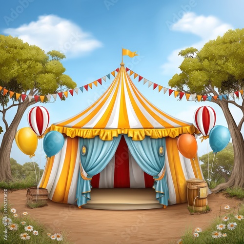 Colorful cartoon circus tent with funfair decorations and balloons creates a whical scene perfect for joyful celebration and entertainment.