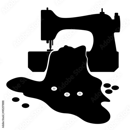 Black and white silhouette of sewing machine with buttons, upcycling concept