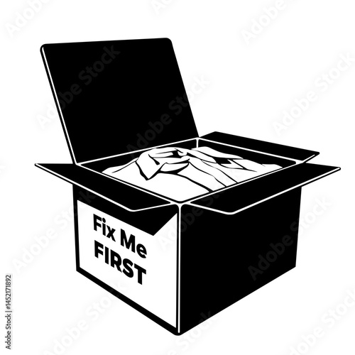 Silhouette of box labeled “Fix Me First” with old clothes, upcycling