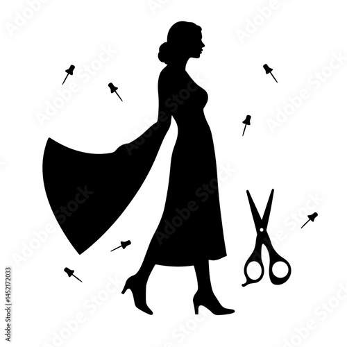 Elegant woman redesigning skirt with pins and scissors, sustainable fashion