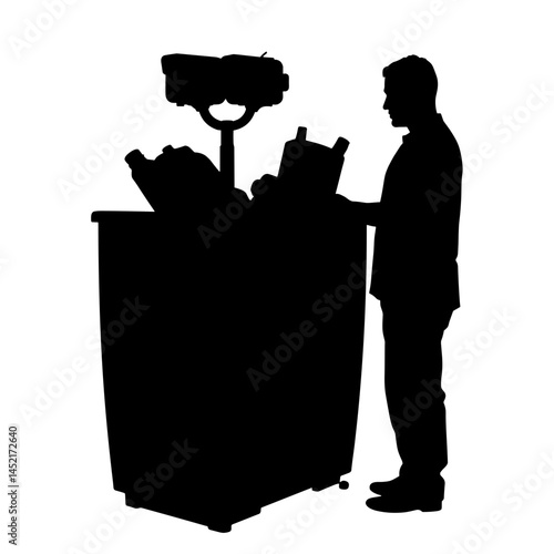 Man interacting with smart waste bin for sorting trash, eco-friendly
