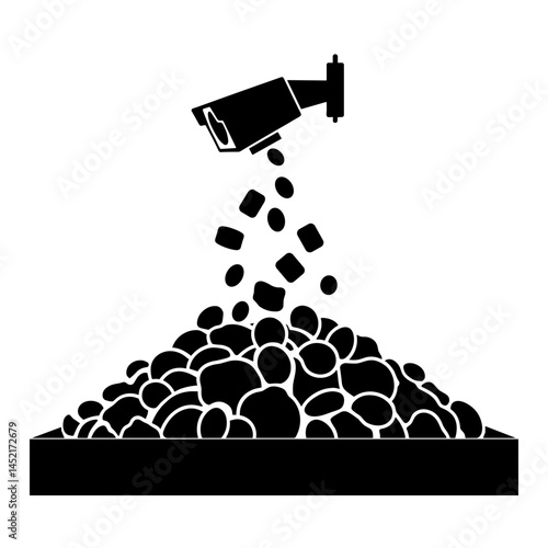 Silhouette of trash falling onto conveyor with AI scanner, smart waste sorting