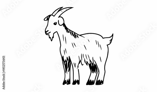 highly detailed, expressive, and rough unsigned pencil and charcoal sketch of a stylized goat, full body shot, set against a crisp, clean, and pure white background. The artwork must not contain any a