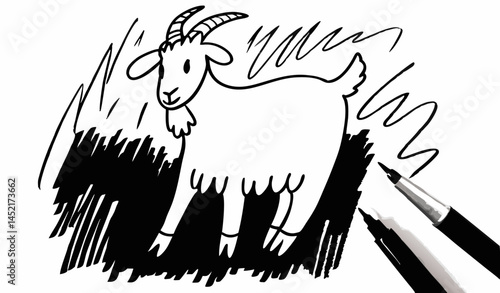 highly detailed, expressive, and rough unsigned pencil and charcoal sketch of a stylized goat, full body shot, set against a crisp, clean, and pure white background. The artwork must not contain any a