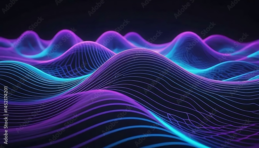 Obraz premium Abstract 3D rendered landscape with flowing blue and purple luminous lines over a dark background.
