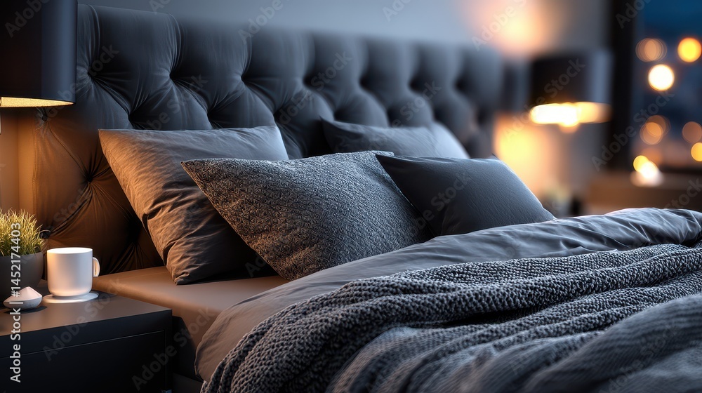 Fototapeta premium Luxurious Gray Bedroom Interior Design Soft Textures and Warm Lighting