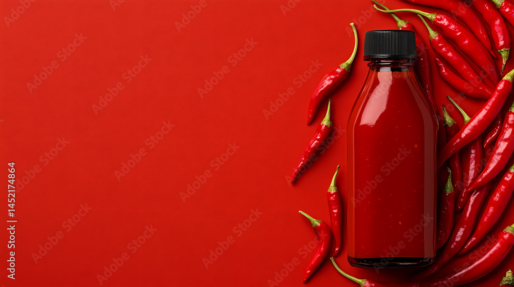 Obraz premium Fiery hot sauce in a bottle, surrounded by fresh red chili peppers on a red background. Flavorful and spicy.