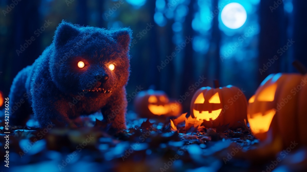 Enigmatic creature with eerie eyes and pumpkins under the full moon night Enigmatic creature with eerie eyes and pumpkins under the full moon night