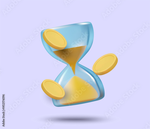 3D illustration vector render of hourglass icon with coins floating around. Concept of accumulating assets over a period of time, investment, financial planning and time management.