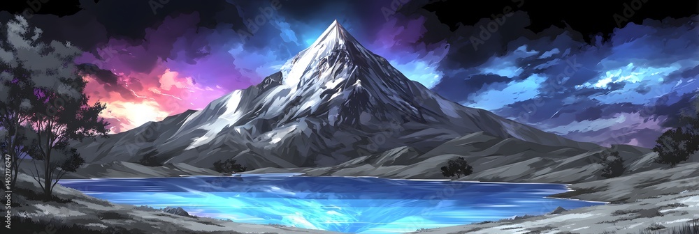 Obraz premium Majestic Mountainscape: A majestic mountain range, its snow-capped peaks piercing a sky ablaze with hues of twilight, overlooks a serene lake, creating a vista of breathtaking beauty.