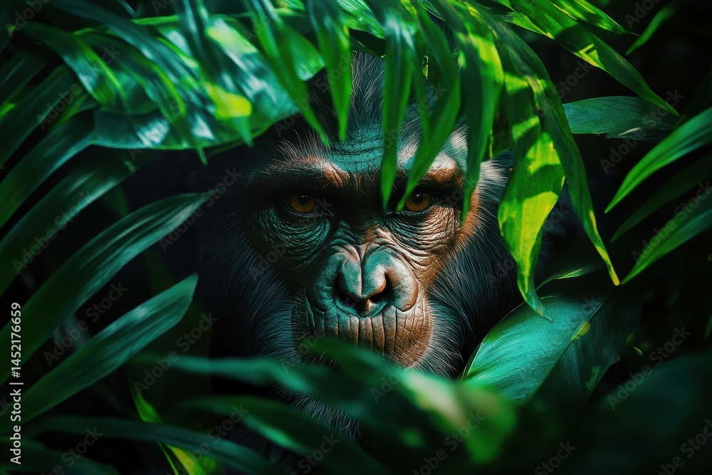 Obraz premium Intense gaze of a monkey peeking through lush tropical leaves in a vibrant jungle setting captures a moment of natural beauty and emotional depth