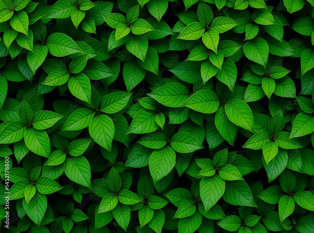 Obraz premium Lush green leaves forming dense natural foliage background in vibrant botanical texture 