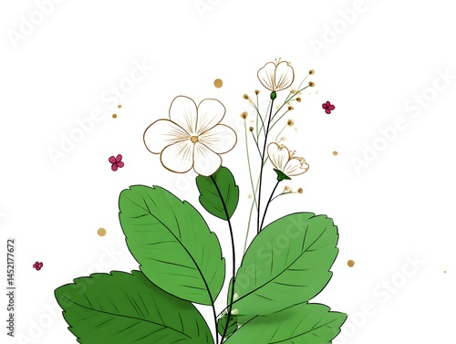 Elegant Floral Illustration: A minimalist illustration showcases delicate white flowers with graceful green foliage, embodying natural beauty and serene aesthetic.