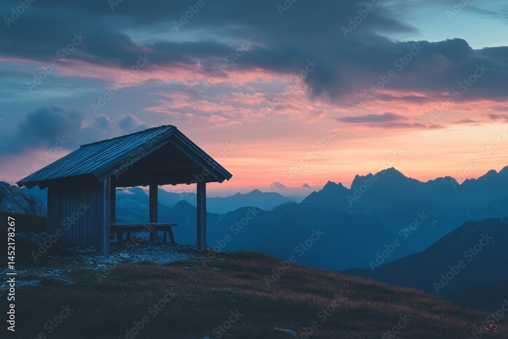 A rustic mountain shelter at sunset, silhouetted against a dramatic sky. A rustic mountain shelter at sunset, silhouetted against a dramatic sky.
