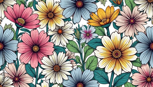 Intricate line art blooming flowers, geometric floral repeat, geometric, bloom