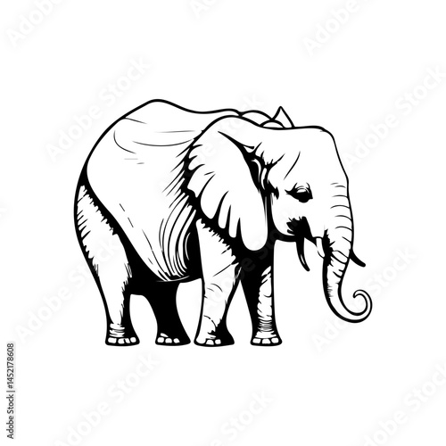 Monochrome depiction of a robust elephant standing, outlined for creative uses