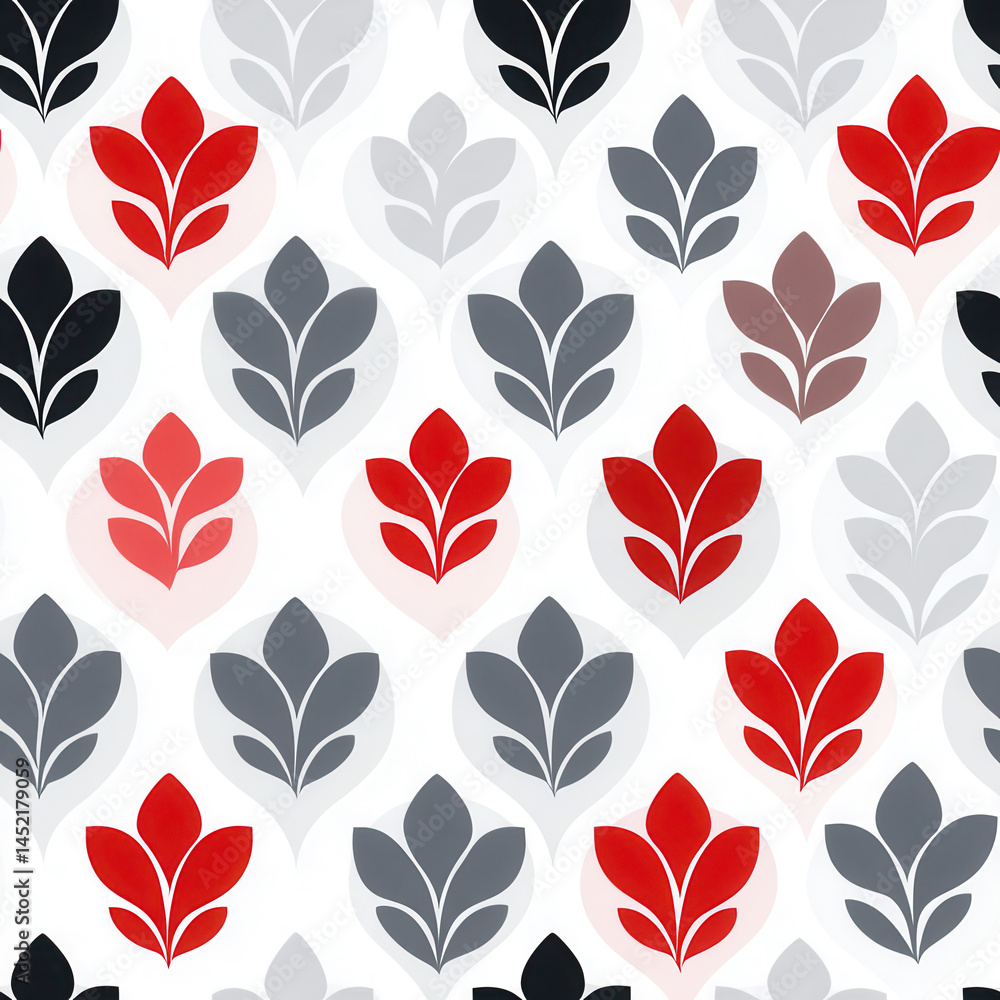 Seamless floral pattern with red and gray leaves on white background creating modern and elegant design
