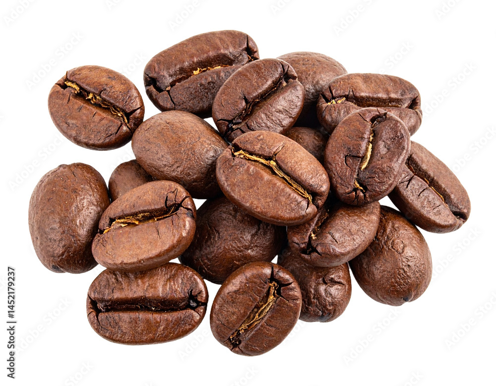 Obraz premium close-up of roasted coffee beans on transparent background. Suitable for coffee branding needs.