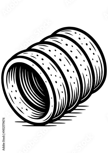 Black and white vector illustration of traditional Czech trdelník, ideal for engraving, menus, bakery branding, and food design projects