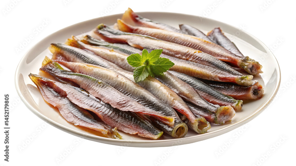 Plate of pickled anchovies garnished with fresh mint on black background Plate of pickled anchovies garnished with fresh mint on black background