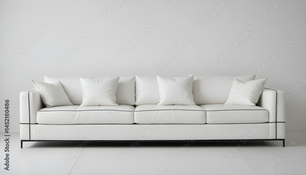 Naklejka premium Elegant white sofa with black trim and pillows, perfect for modern living spaces, indoors.