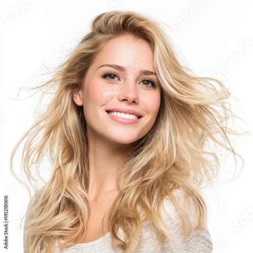 Beautiful Blonde Woman Smiling Happy Healthy Long Hair and Perfect Skin