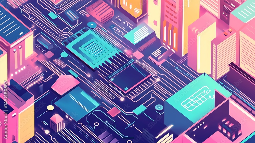 Isometric Cityscape Circuit Board. Isometric Cityscape Circuit Board.