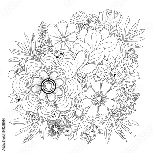 Detailed black and white floral doodle art