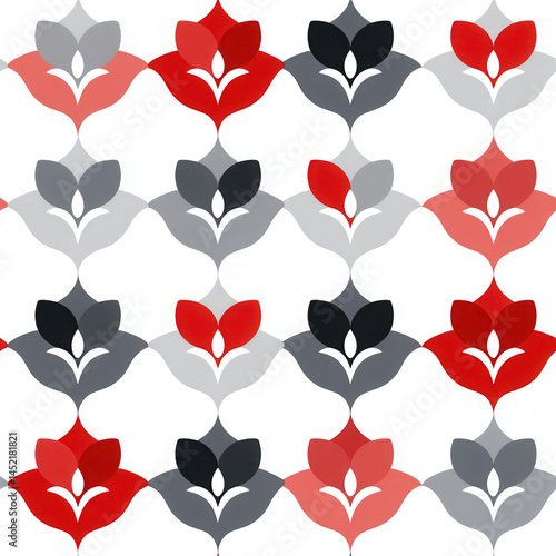 Seamless floral pattern with red black and gray abstract shapes creating modern design