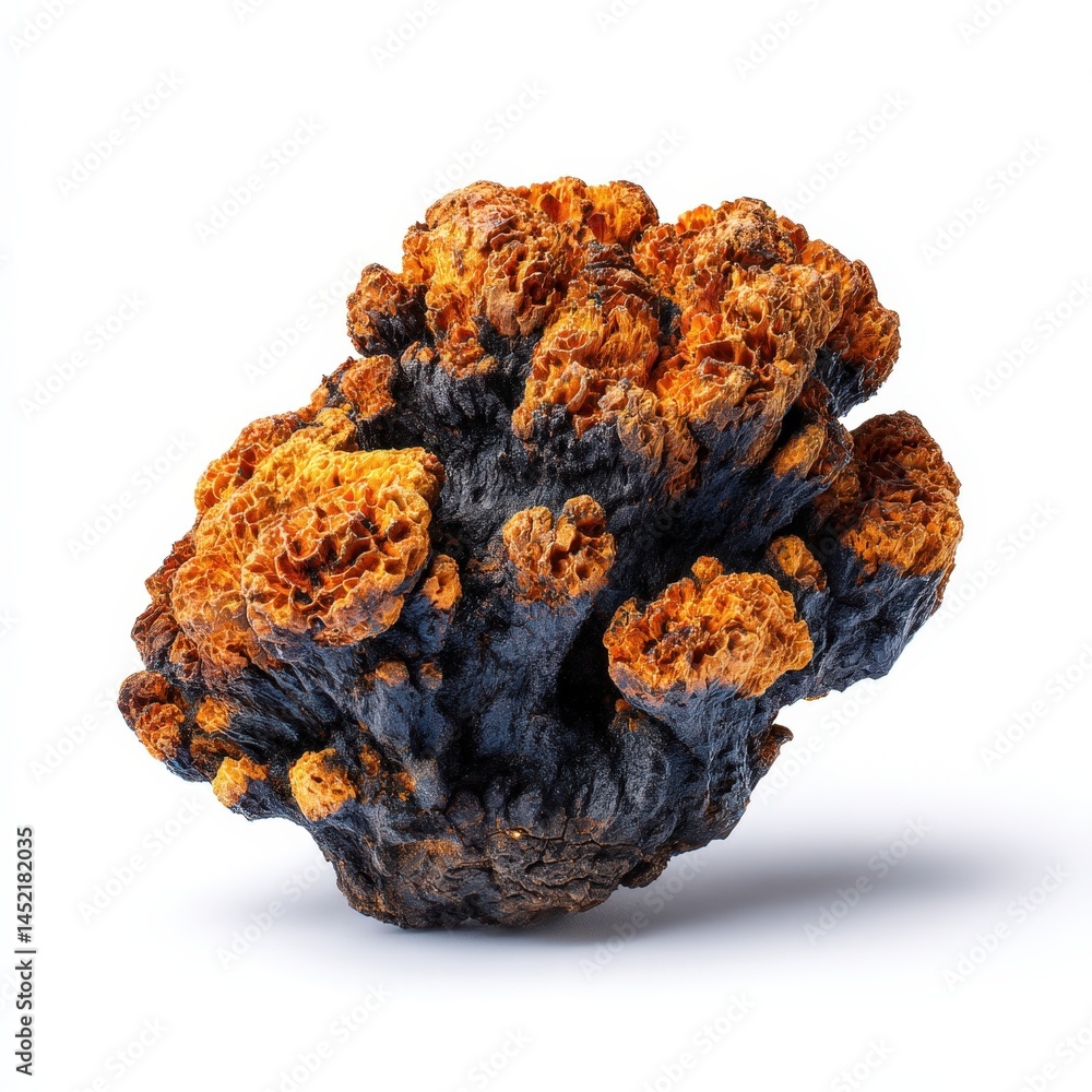 Chaga Mushroom Close up of a Raw Organic Chaga Medicinal Fungus Isolated on White Background Chaga Mushroom Close up of a Raw Organic Chaga Medicinal Fungus Isolated on White Background