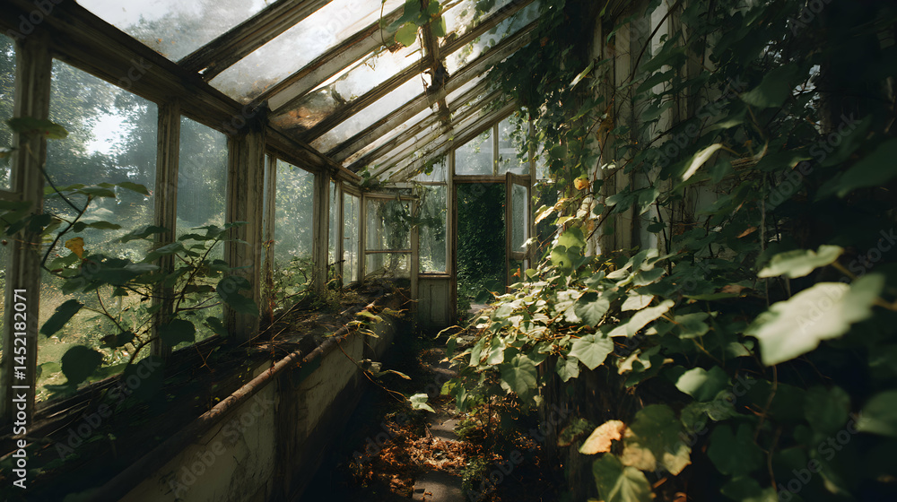Enchanted glasshouse overgrown with vibrant foliage capturing a serene forgotten atmosphere and sunlight Enchanted glasshouse overgrown with vibrant foliage capturing a serene forgotten atmosphere and sunlight