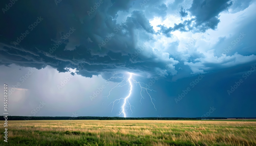 Fototapeta premium Storm's Fury Over the Plains: A breathtaking display of nature's power unfolds, a vivid depiction of a powerful storm casting a bolt of lightning onto the horizon.