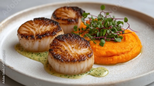 Seared scallops with carrot purée and microgreens