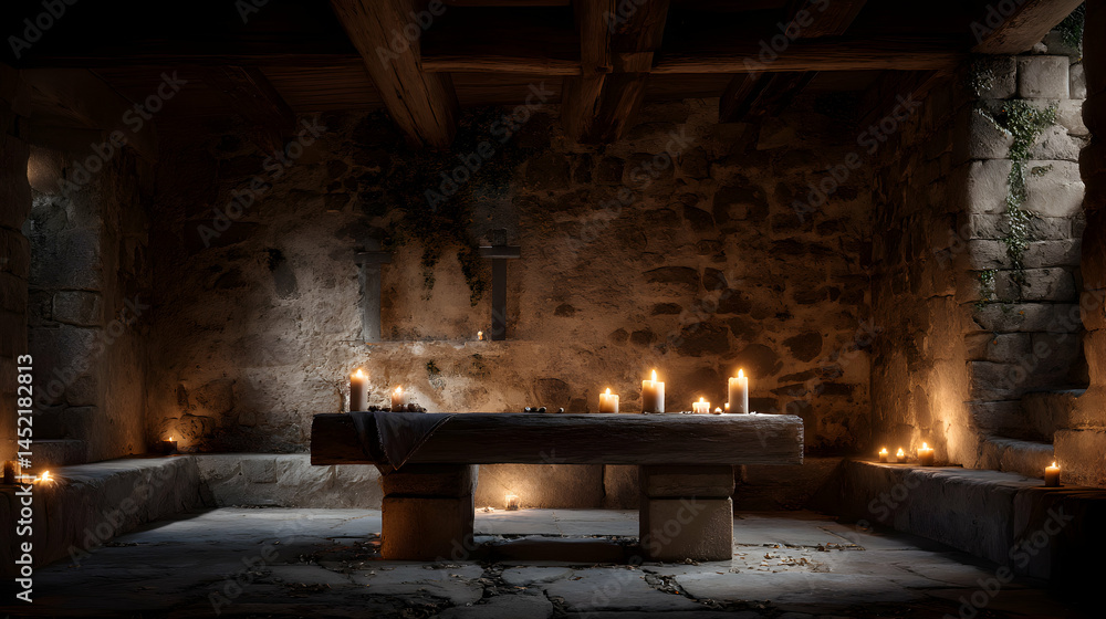 Candlelit stone chamber reveals ancient secrets within its walls and flickering illumination atmosphere Candlelit stone chamber reveals ancient secrets within its walls and flickering illumination atmosphere