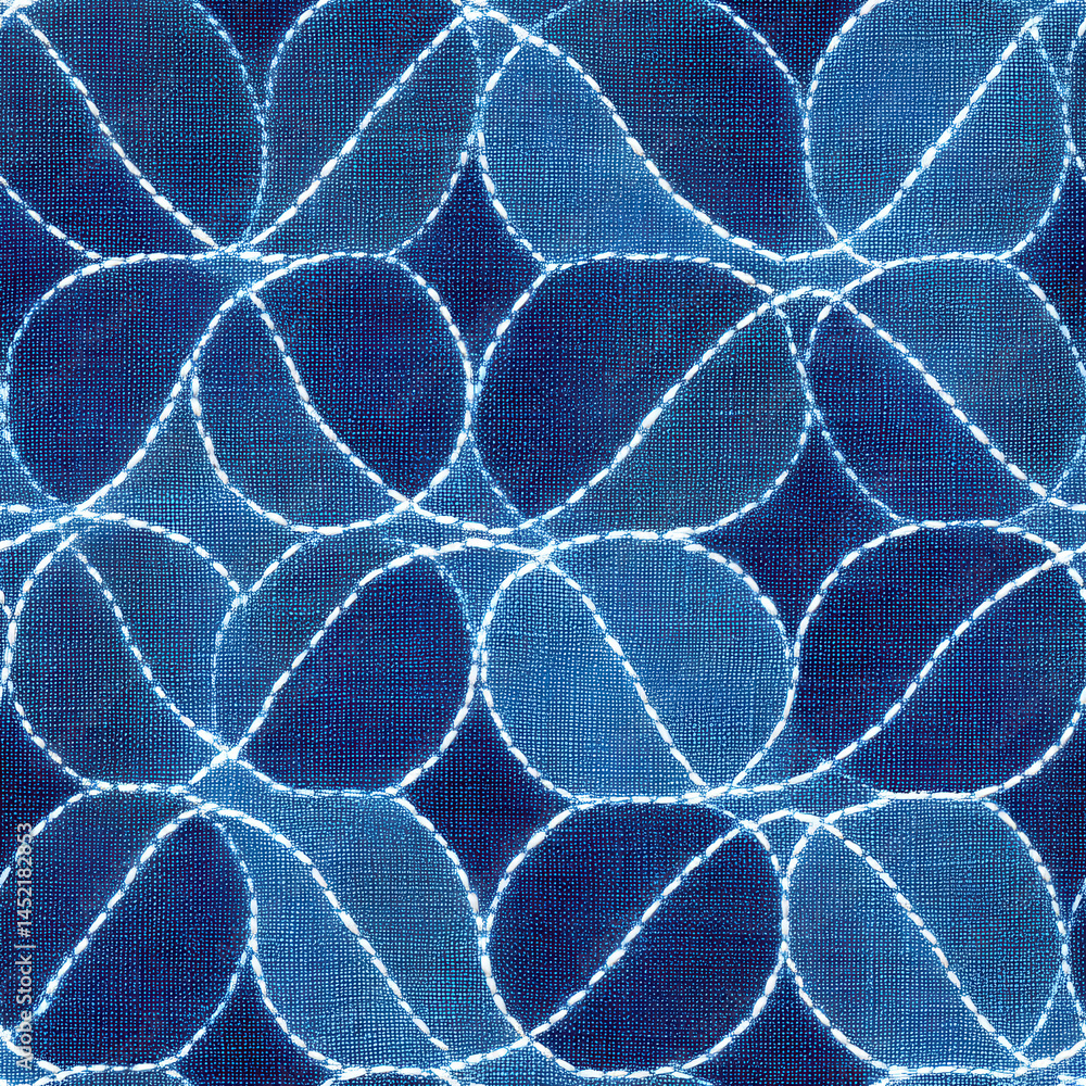 Seamless pattern of interlocking circles in blue and white creating geometric textile design
