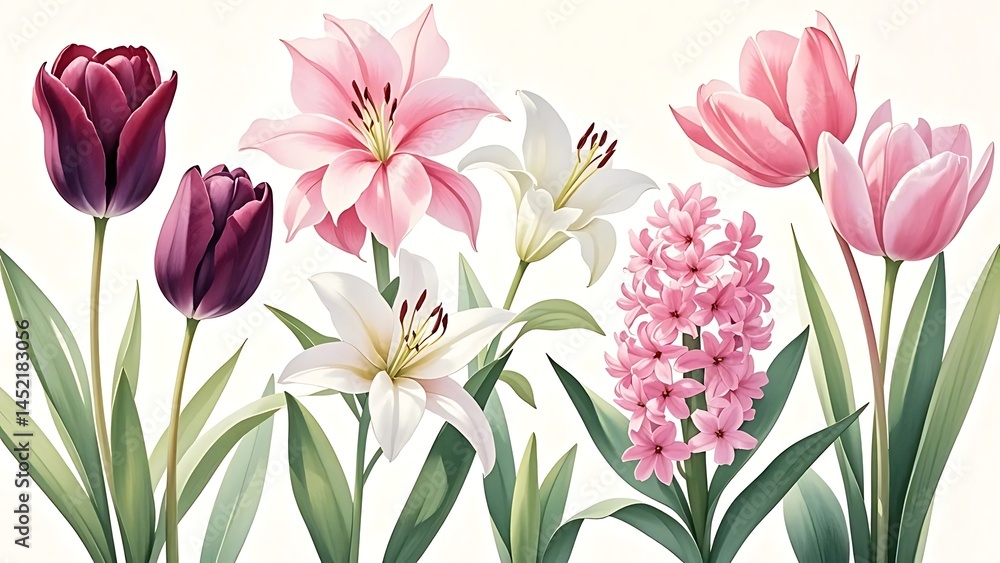 Obraz premium set of spring flowers on an isolated white background, burgundy tulips, lily, hyacinths, watercolor illustration, botanical painting, hand drawing