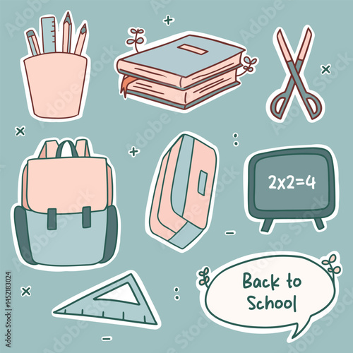 Back to school collection of stickers with supplies, stationery, books. Cartoon flat doodle vector illustration. For graphic element, print, poster, asset, scrap booking