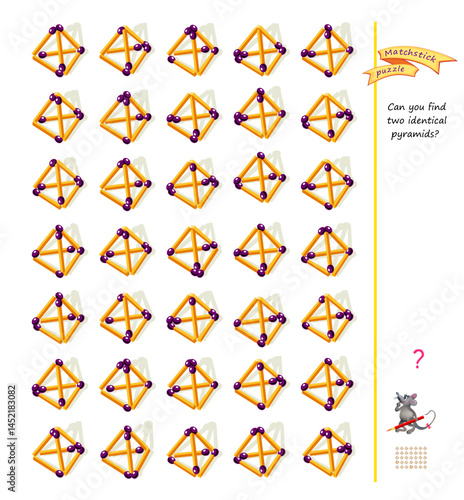 Can you find two identical pyramids? Logic puzzle for children and adults. Game Seek and Find with matchsticks. Brain teaser book. Task for attentiveness. Develop spatial thinking. Vector drawing.