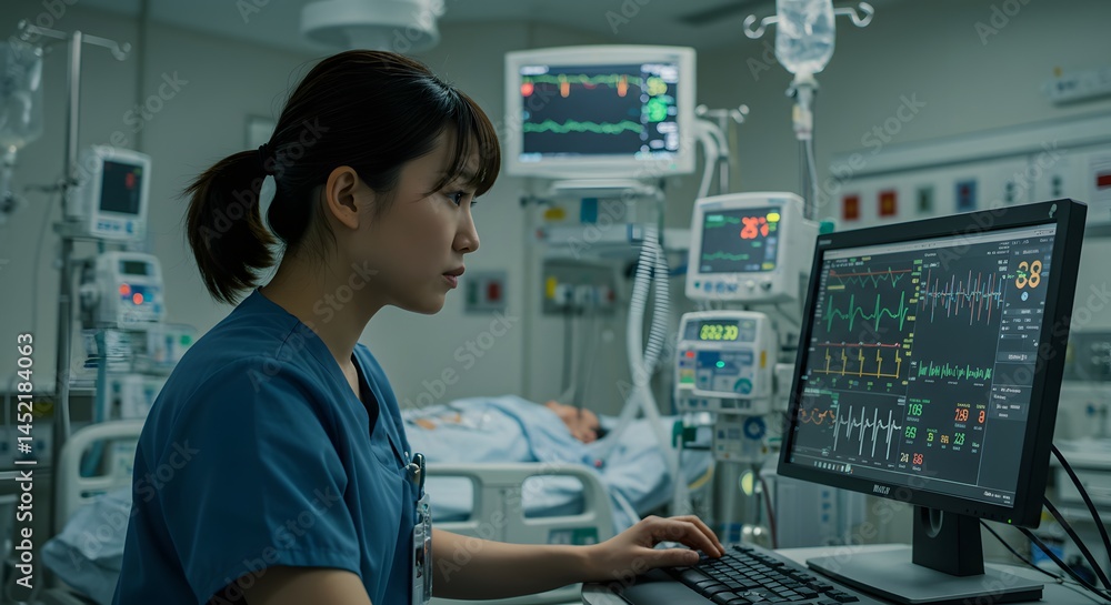 Nurse monitoring patient data on a computer in hospital Nurse monitoring patient data on a computer in hospital