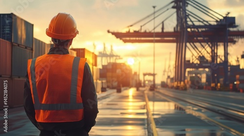 Port worker observes bustling dockside environment at dawn surrounded by towering shipping containers and cranes, epitomizing industrial diligence and safety practices
