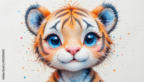 Cute tiger cub with big blue eyes and vibrant orange fur, surrounded by colorful splashes