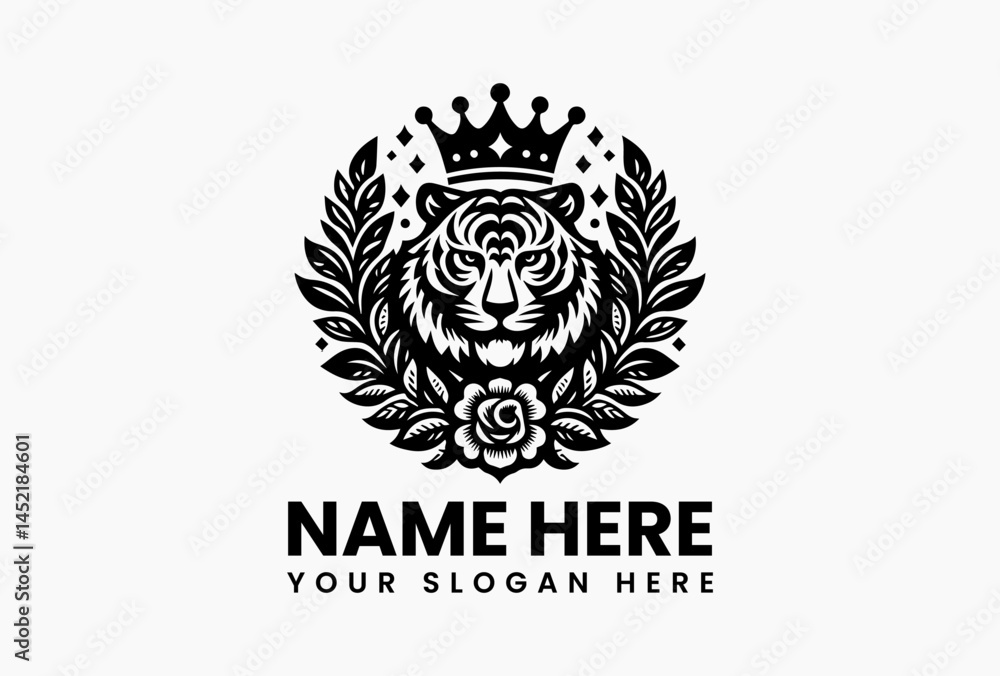Obraz premium Regal tiger head with golden crown and floral decorations in elegant vector logo, symbolizing strength, royalty, and nature for premium branding