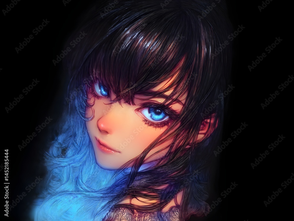 Mysterious Gaze: A young girl with striking blue eyes gazes into the distance, her dark hair and glowing complexion contrasting against the surrounding darkness, evoking a sense of depth and allure. Mysterious Gaze: A young girl with striking blue eyes gazes into the distance, her dark hair and glowing complexion contrasting against the surrounding darkness, evoking a sense of depth and allure.