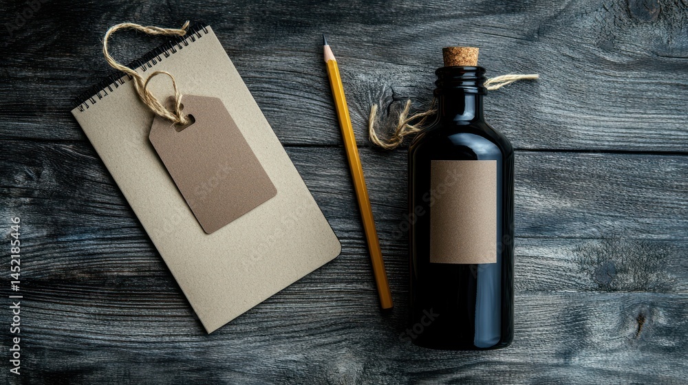 Blank label bottle, notebook, pencil on wood; mock-up Blank label bottle, notebook, pencil on wood; mock-up
