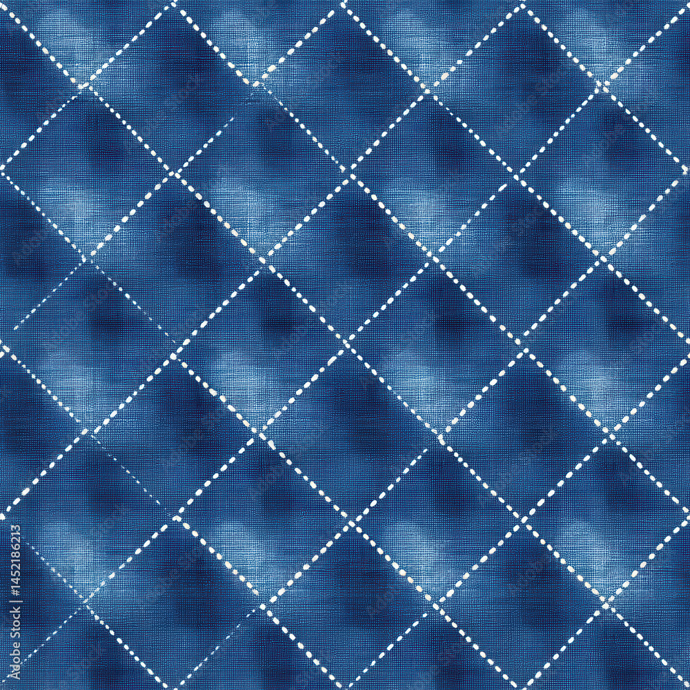 Seamless blue pattern with diamond shapes and dotted lines creating textured effect. Ideal for fabric or wallpaper design