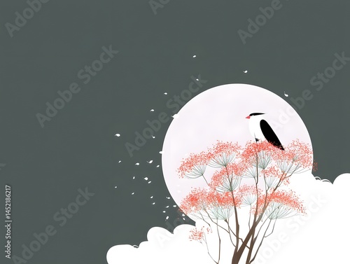 Moonlit Serenity: An artistic representation of a bird perched atop a blooming tree against the serene backdrop of a full moon and gentle clouds.