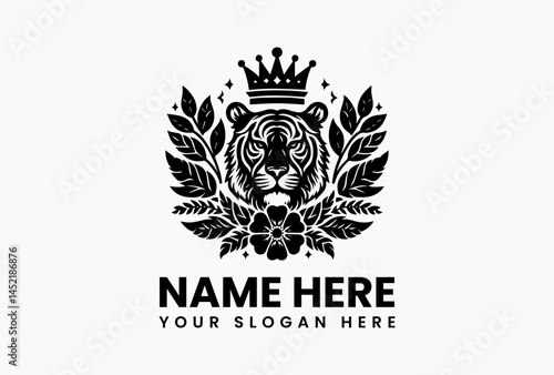 Stylized vector logo of a tiger wearing a crown, surrounded by blooming flowers, combining wild strength and natural beauty for creative and fashion branding  