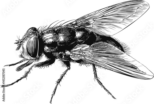Detailed black and white illustration of a housefly. Vector illustration.