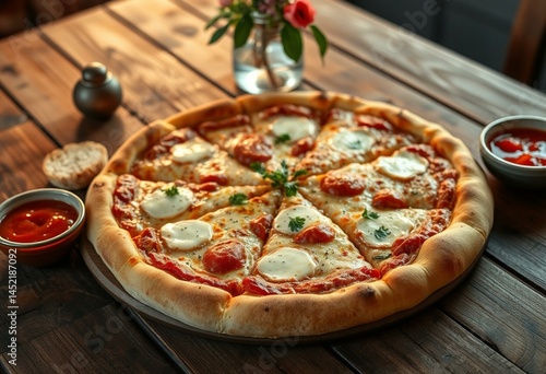Wallpaper Mural Rustic wooden table with Quattro Formaggi pizza and garlic bread Torontodigital.ca