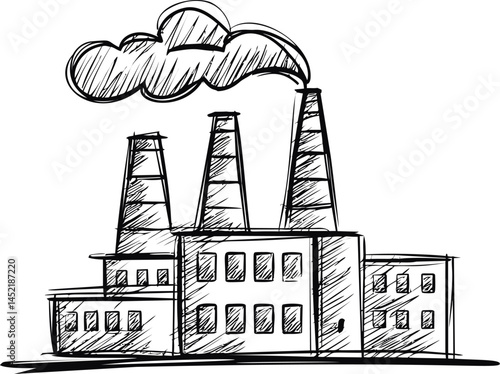 Sketch of industrial factory with smokestacks and billowing clouds. Vector illustration.